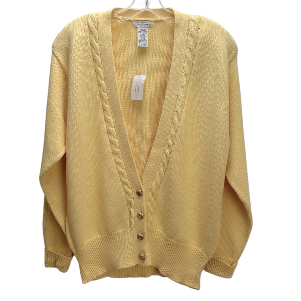 Vtg Yarnworks Buttery Yellow Gold‎ Button Knit Sweater Cardigan L Natural Fibers
